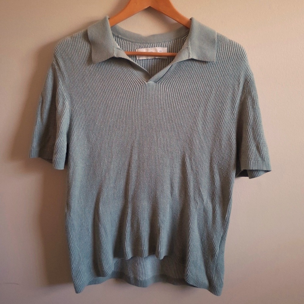 Hollister Preppy Clean Girl Quiet Luxury Sage Green Ribbed Shirt Womens Sz XS